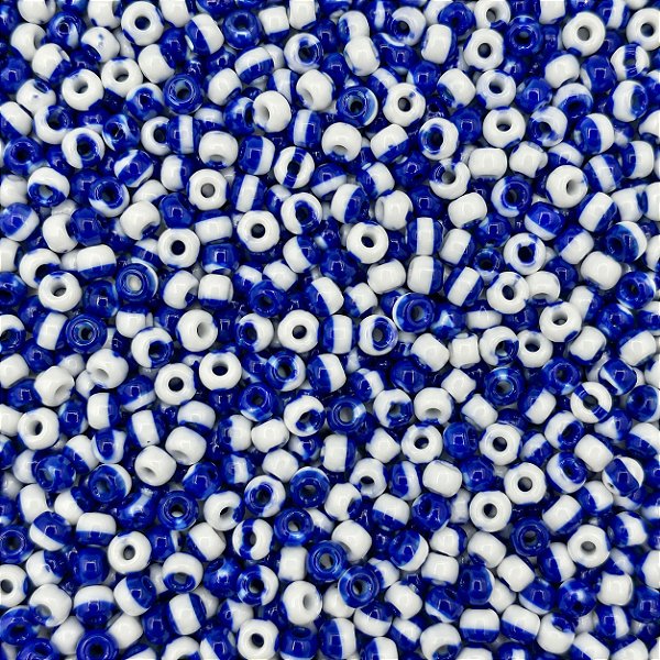 Miçanga Pacote 500g Conta de Missanga Leitosa Rajada Branco/Marinho