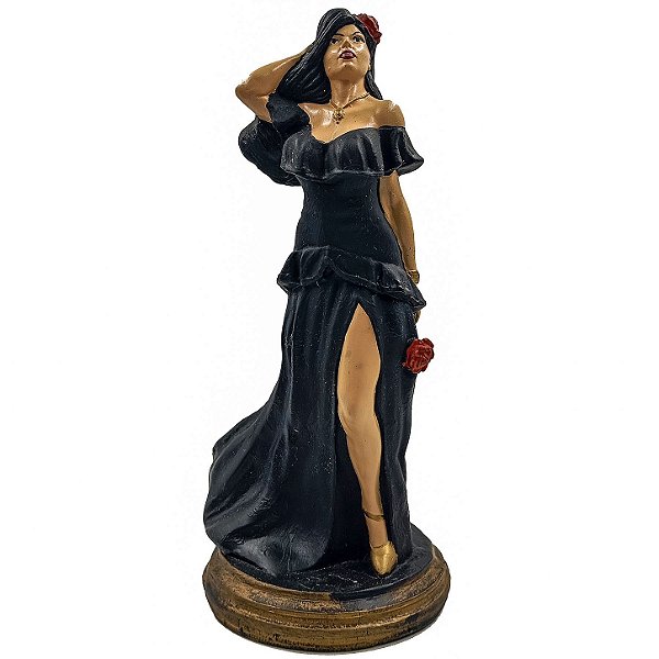Imagem Pombogira C/ Rosa Vermelha Dama da Noite Vestindo Preto Resina