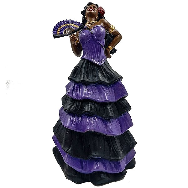 Imagem Pombogira Gargalhando Mulambo Negra Vestindo Roxo/Preto Resina