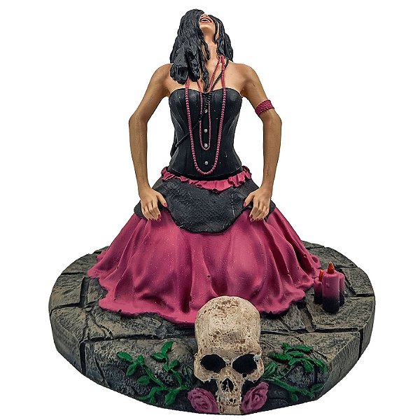 Imagem Pombogira Ajoelhada Gargalhando Menina Vestindo Rosa/Preto Resina