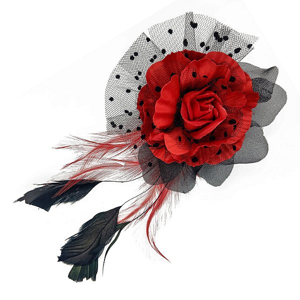 Presilha Grampo de Cabelo Rosa C/ Penas Broche Alfinete Vermelho/Preto