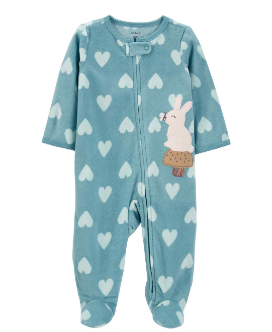 Carter's - Macacão de Fleece - Azul com Estampa de Corações com Coelho