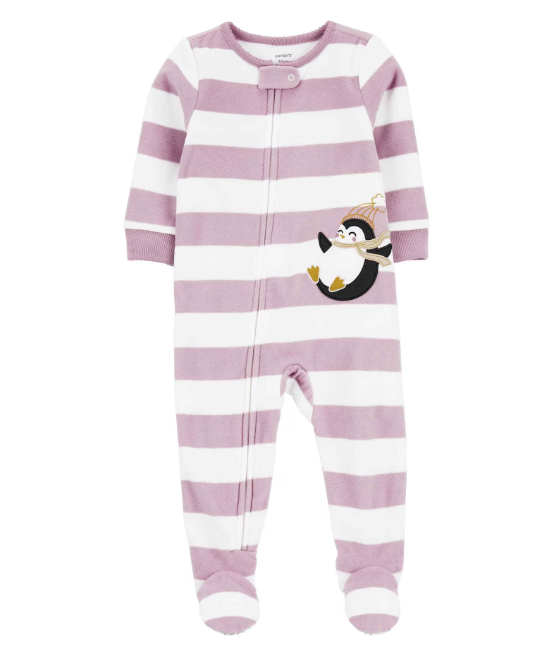 Carter's - Macacão de Fleece - Listrado Lílas com Bordado de Pinguim