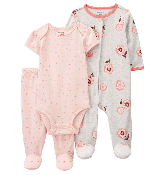 Carter's - Kit 3 Peças com Calça, Body e Macacão - Rosa Claro Floral
