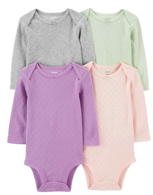 Carter's - Kit Bodys  Manga Longa 4 Peças Menina - Cores Lisas com Detalhes