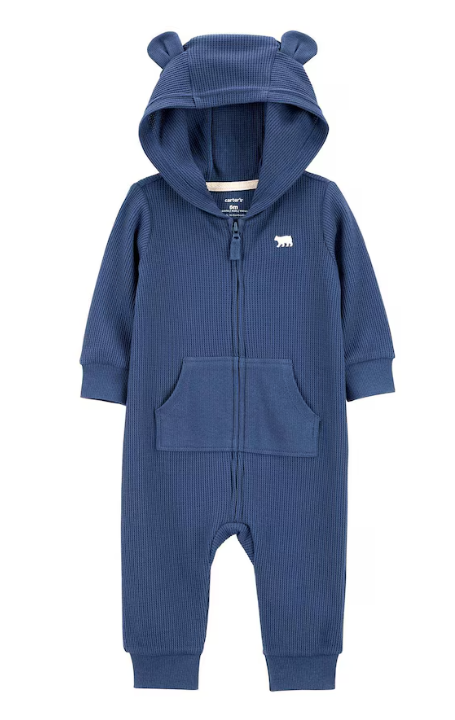 Carter's - Macacão de Algodão Texturizado - Azul com Capuz