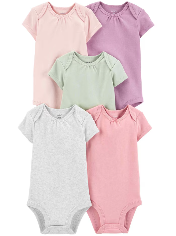 Carter's - Kit Bodys Manga Curta 5 Peças Meninas - Cores Lisas