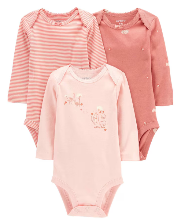 Carter's - Kit Bodys Manga Longa 3 Peças Menina - Rosa com Estampas