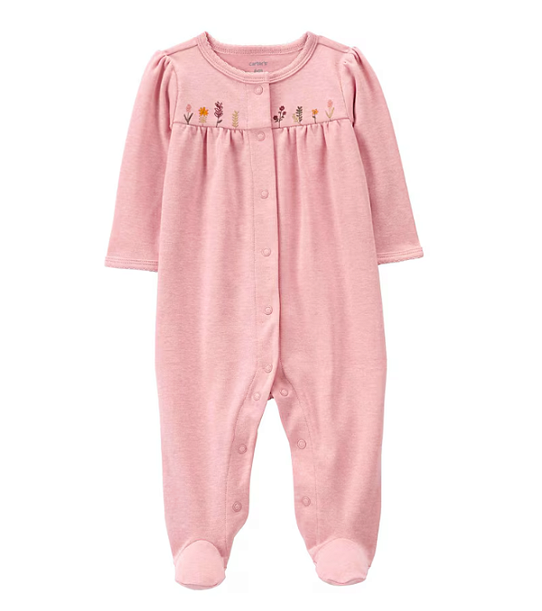 Carter's - Macacão de Algodão - Rosa com Bordado de Florzinhas