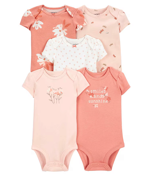 Carter's - Kit Bodys Manga Curta 5 Peças Menina - Rosa com Estampas