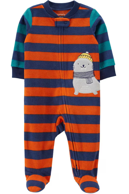 Carter's - Macacão de Fleece - Listrado Azul e Laranja com Bordado de Foca