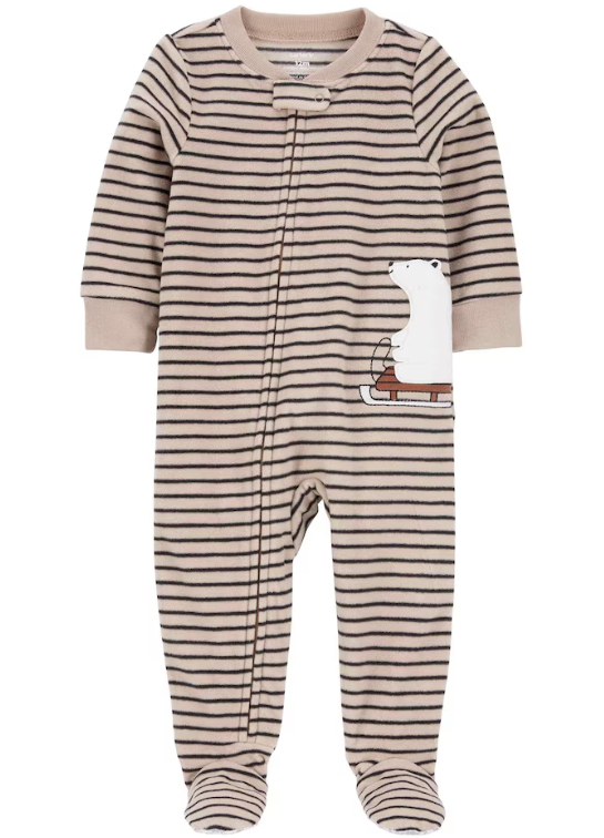 Carter's - Macacão de  Fleece - Listrado Marrom com Bordado de Urso