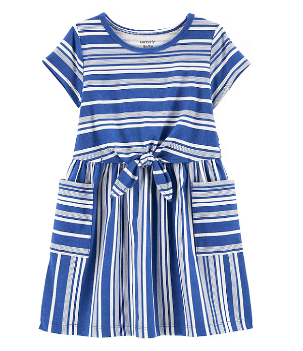 Carter's - Vestido Manga Curta - Listrado Azul e Branco com Amarração