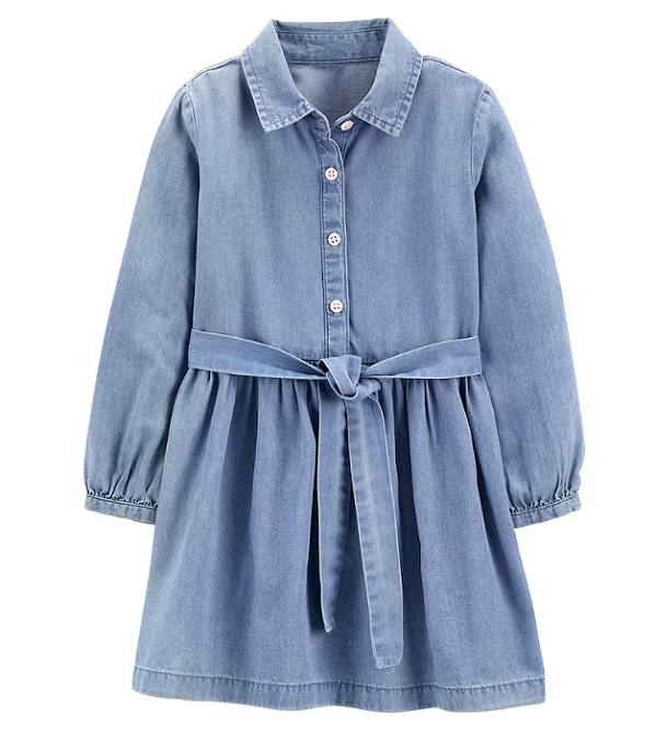 Carter's - Vestido Manga Longa - Azul Jeans com Botões e Amarração