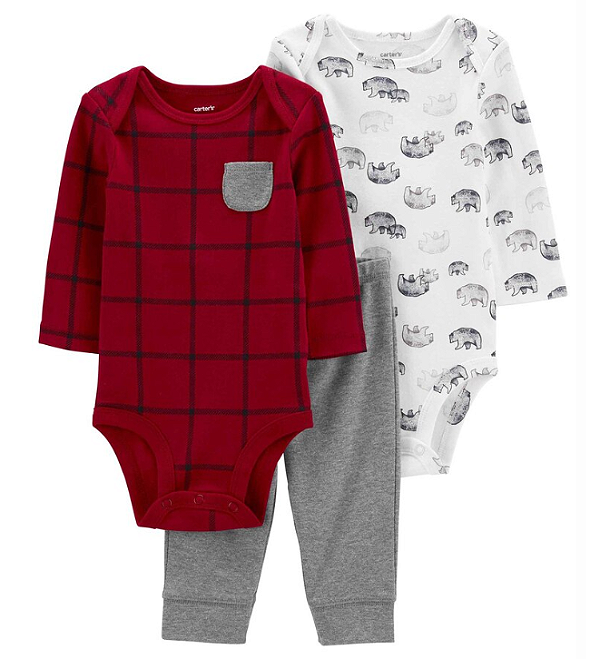 Carter's - Kit 3 Peças com Calça e 2 Bodys - Ursinho e Xadrez Vermelho