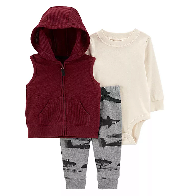Carter's - Conjunto 3 Peças com Body, Calça e Colete -Cinza e Vermelho