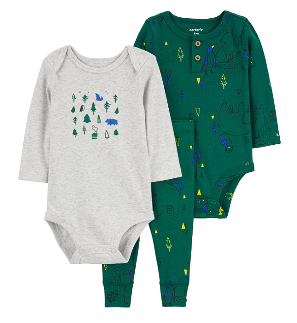 Carter's - Kit 3 Peças com Calça e 2 Bodys - Verde Estampado Floresta