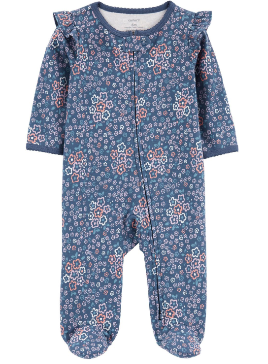 Carter's - Macacão de Algodão - Azul com Estampa Floral com Babados
