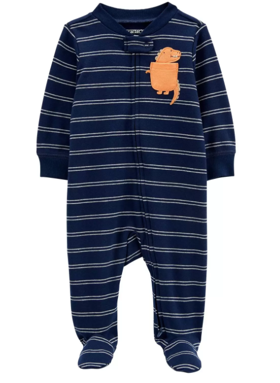 Carter's - Macacão de Algodão - Listrado Azul com Bordado de Dinossauro