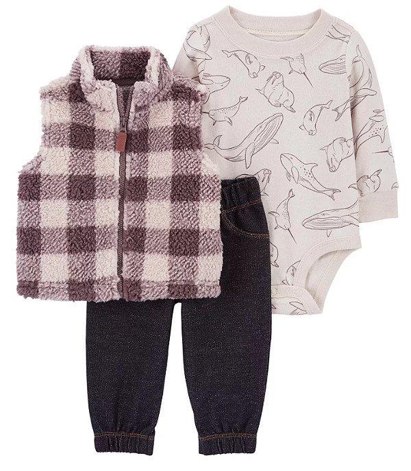 Carter's - Conjunto 3 Peças com Body, Calça e Colete - Xadrez Marrom