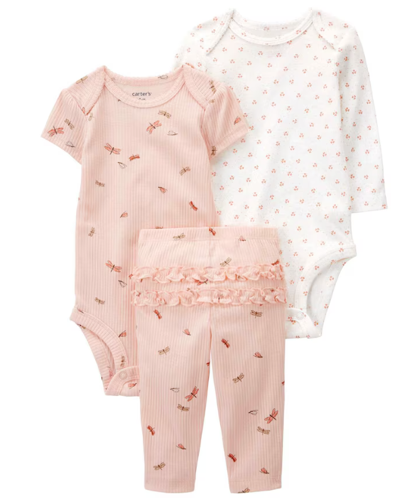 Carter's - Kit 3 Peças com Calça e 2 Bodys - Rosa Floral e Libélulas