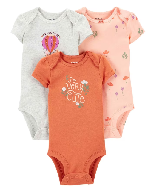 Carter's - Kit Bodys Manga Curta 3 Peças Menina - Rosa e Pêssego Floral