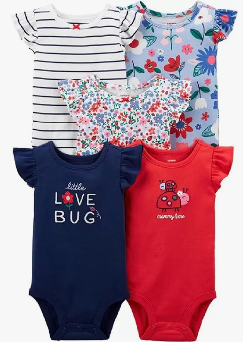 Carter's - Kit Bodys Regata 5 Peças Menina - Vermelho e Azul com Babados
