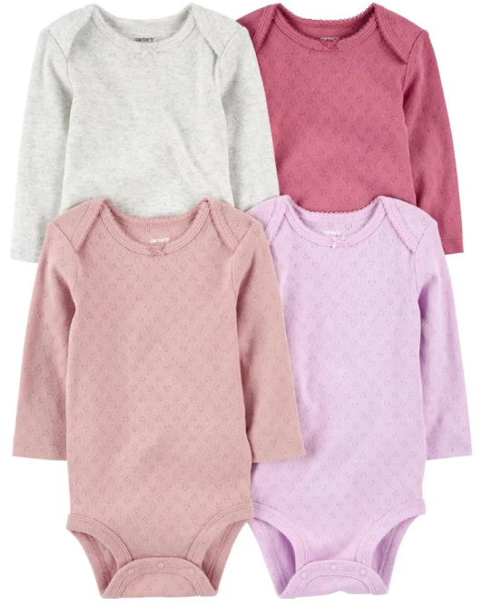 Carter's - Kit Bodys  Manga Longa 4 Peças Menina - Cores Lisas com Detalhes
