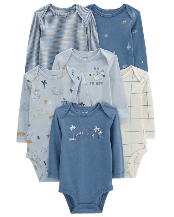 Carter's - Kit Bodys Manga Longa 6 Peças Menino - Azul com Dinossauros