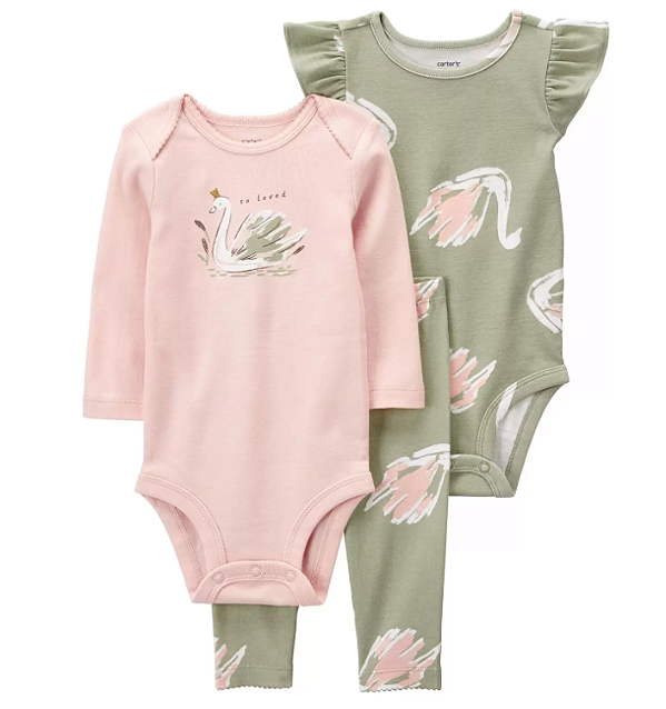 Carter's - Kit 3 Peças com Calça e 2 Bodys - Verde e Rosa com Cisne