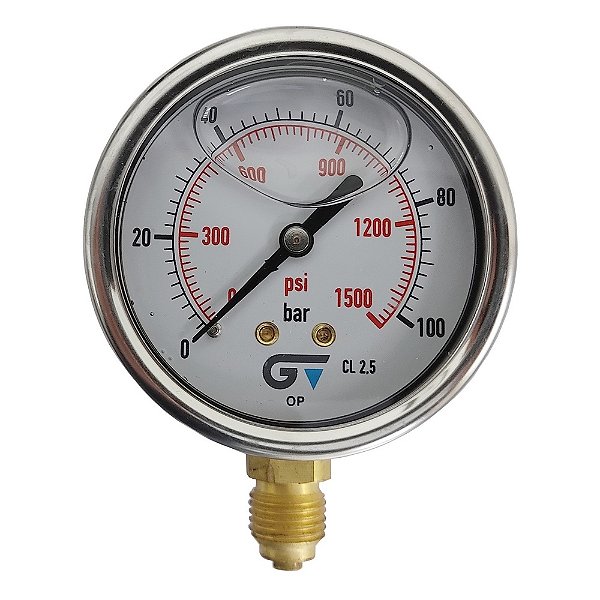 MANOMETRO VERTICAL CAIXA INOX 63MM C/GLICERINA ROSCA BSP 1/4 0 A 100 BAR