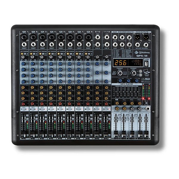Mesa de Som Analógica Waldman QPX-12 — 12 Canais com Phantom +48 V, USB 48 kHz, DSP 32-bit (256 Presets), Bluetooth, MP3/REC, 2 Subgrupos, 3 AUX, EQ Gráfico 7 Bandas, Inserts por Canal, Faders 70 mm — Preta