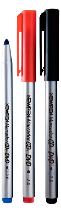 Caneta Marcador Newpen Permanente Cd-dvd 2.0mm 3 Cores Cor Azul, Preto E Vermelho