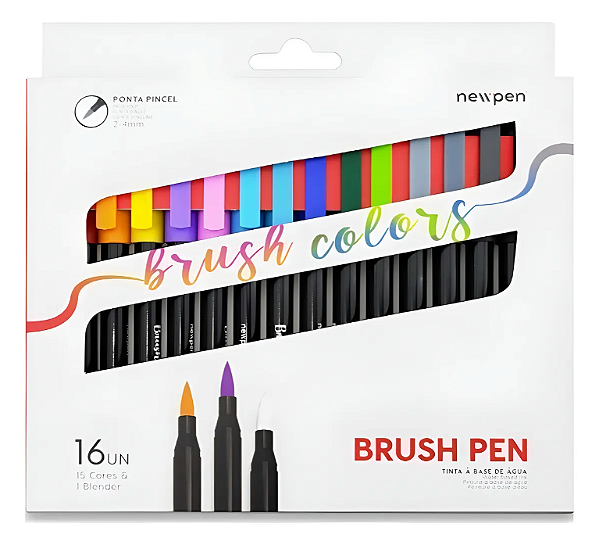 Marcador Brush Pen Newpen 16 Cores Ponta Pincel Sortido