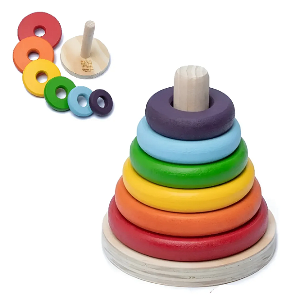 Torre De Argolas Donuts Em Madeira Brinquedo Educativo Arco-íris