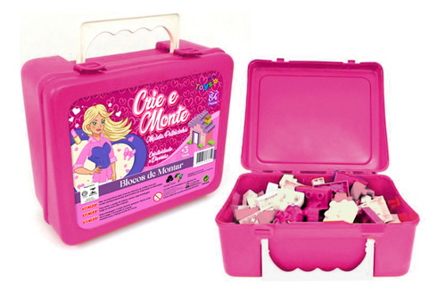 Blocos Na Maleta Crie E Monte Rosa  84 Peças  Mini Toys