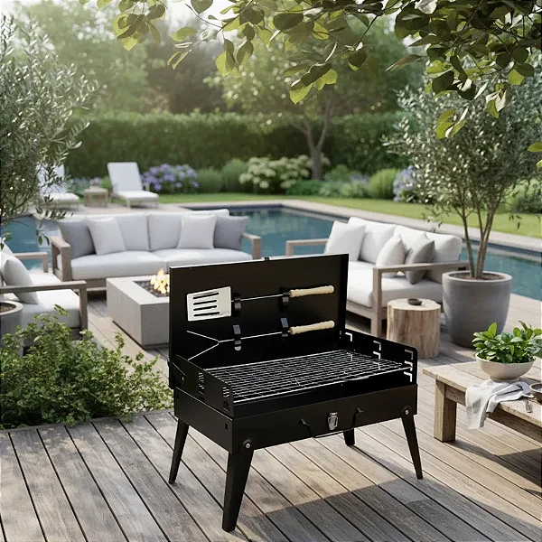 Churrasqueira Portátil Preta Dobrável Maleta com Acessórios