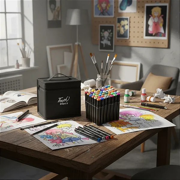 Estojo Canetinhas Escolar Touch Ponta Dupla 60 Cores Bolsa