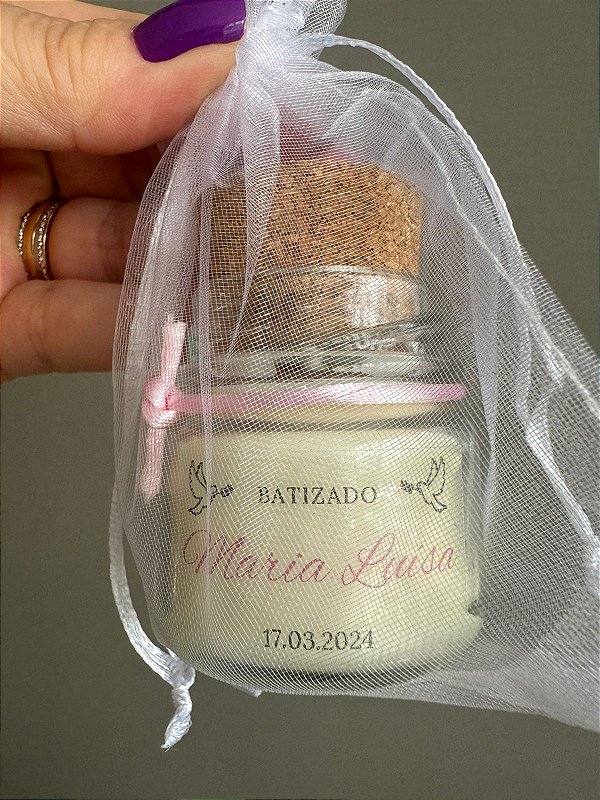 MINI VELA ROLHA 30G COM SAQUINHO DE ORGANZA – PERSONALIZADA