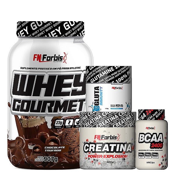 Kit Whey Gourmet Pote + Creatina 300g + Glutamina 150g + BCAA 100 cáps - FN Forbis