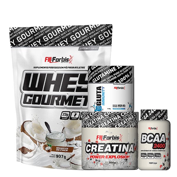 Kit Whey Gourmet Refil + Creatina 300g + Glutamina 150g + BCAA 100 cáps - FN Forbis