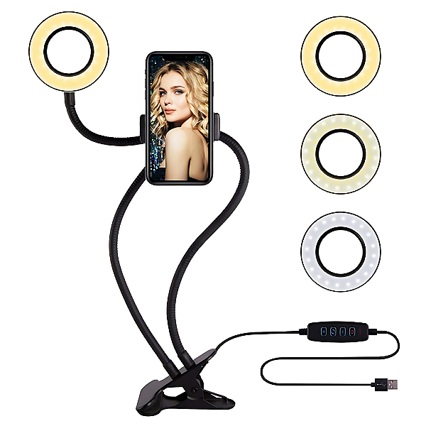 Ring Light Preto Articulado de Mesa Suporte Celular p/ Lives