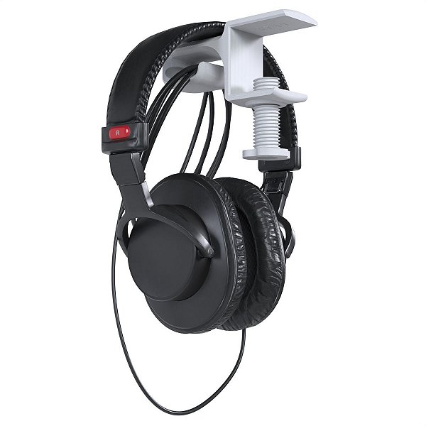 Suporte Ajustável para Prender na Borda de Mesa Branco Compatível com Headset Headphone Fone de Ouvido Gamer