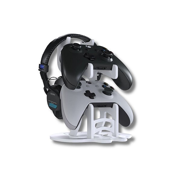 Suporte De Mesa Para 2 Gamepad E Um Headset Branco Compatível Com Controles Do Xbox E Do Ps5