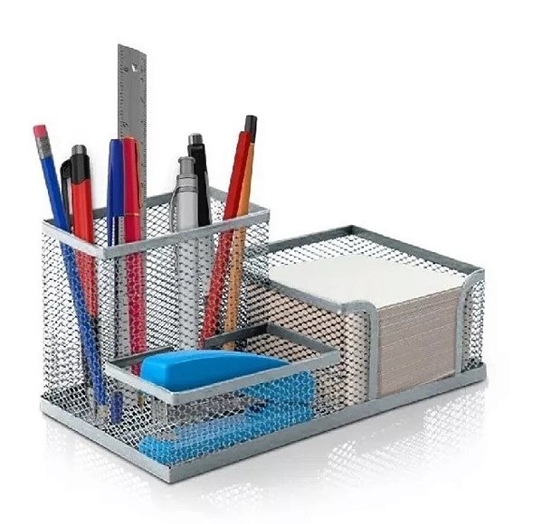 Organizador De Mesa Escritório Porta Canetas De Metal Telado 3 Divisórias (Prata)