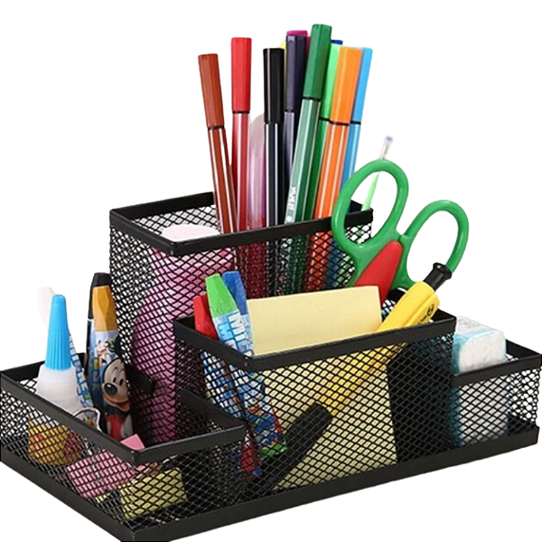 Porta Canetas Objetos Aramado Telado 4 Divisórias Organizador Mesa (Preto)