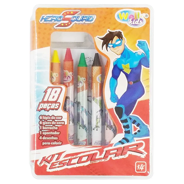 Estojo Escolar Com Lápis de Cor + Giz De Cera e Acessórios Hero Squad 18 Peças