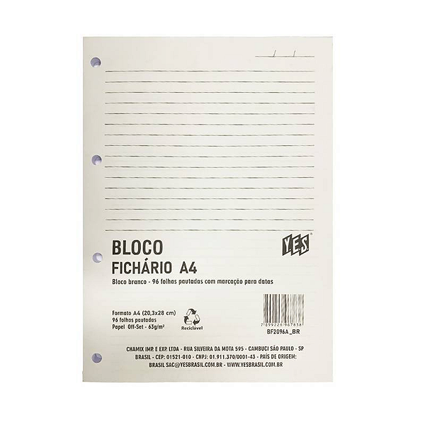 Refil Bloco Fichário A4, 96 Folhas 4 Furos, Yes