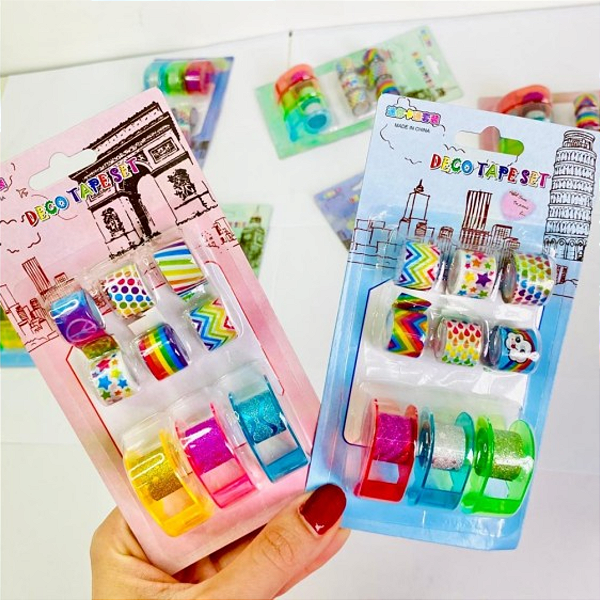 Washi Tape Estampadas Kit C/9 Fitas + 3 Suportes