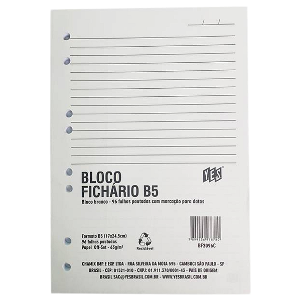 Refil Bloco Fichário B5 Colegial 96Fls, Yes